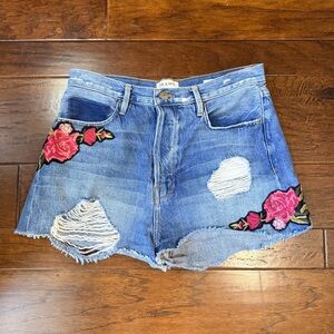 Frame Denim Women's Distressed Blue Jean Shorts with Red Floral Accents